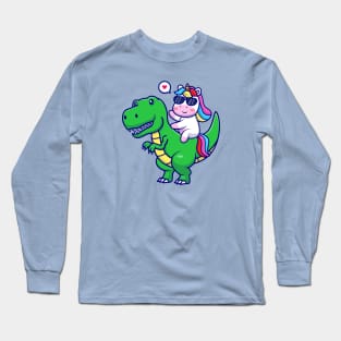 Cute Unicorn With Dino Cartoon Long Sleeve T-Shirt